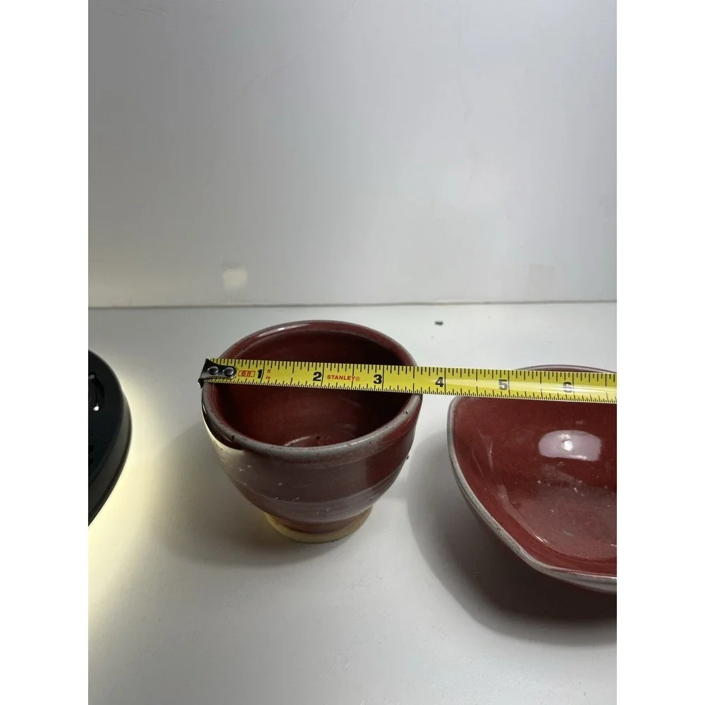 Japanese Studio Pottery Chawan Tea Cup & Bowl Set Red Glaze Signed M